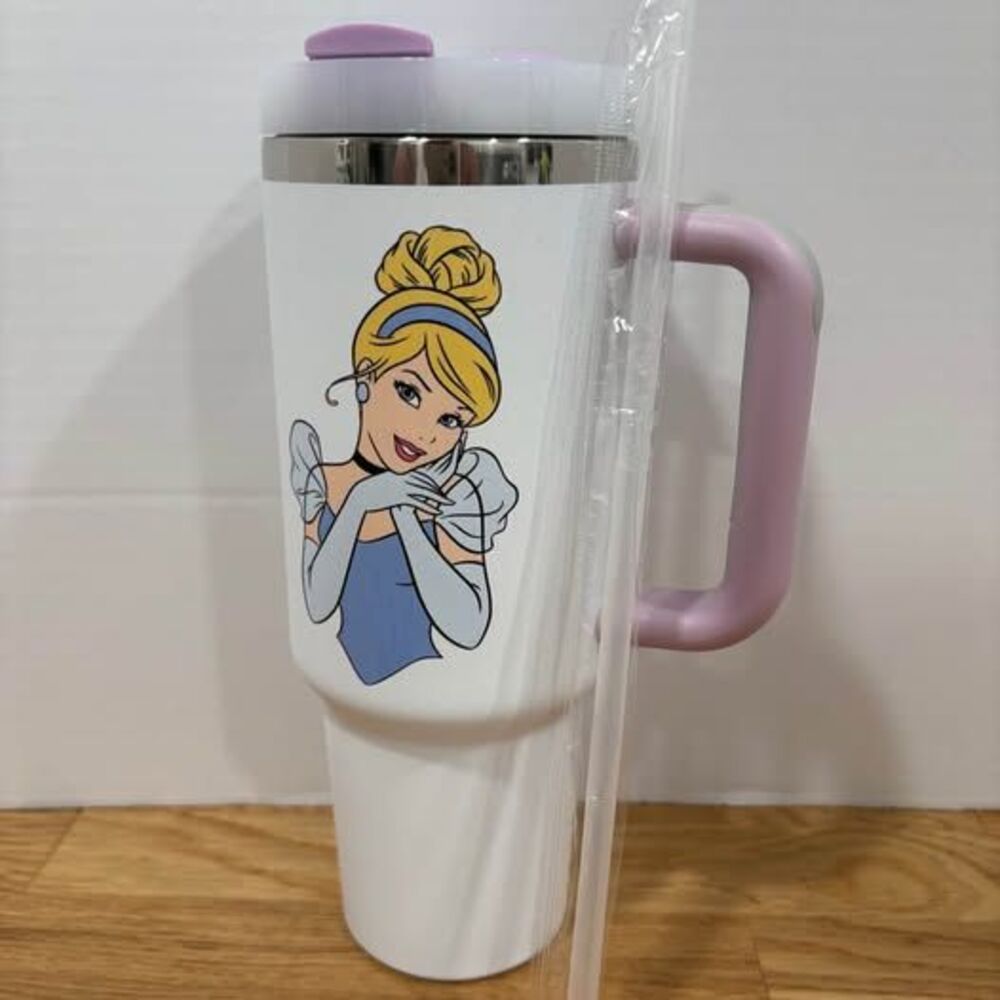 Cinderella 40 oz White Tumbler with Handle Lid and Straw New